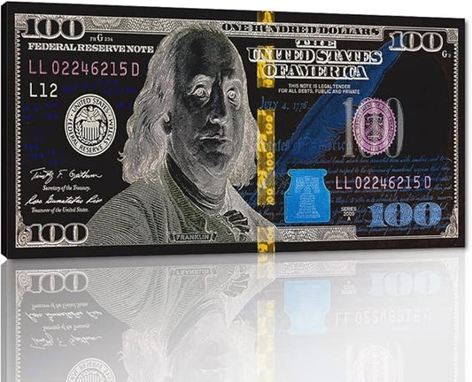 Large Size 1 Big Pcs Benjamin Franjlin 100 Dollar Canvas Wall Art Creative Motivational USD Money Artwork Office Home Decor for Walls Inspirational Gift for Men Gallery Wrapped Ready to Hang-48"Wx24"H