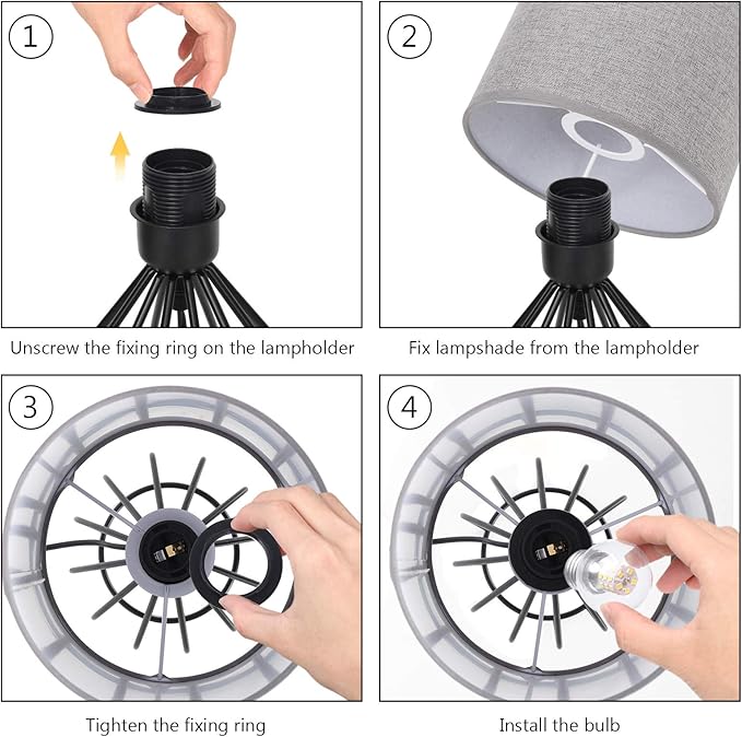 HAITRAL Farmhouse Table Lamp - Small Nightstand Lamp for Bedroom, Black Metal Cage Table Lamp for Living Room, Dorm, Office with Hollowed Out Base, Gray