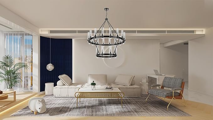 48 Inch Black Wagon Wheel Chandelier 2 Tier with Glass Shade, 24 Lights, Modern Farmhouse Style, Ideal for Dining Room, Kitchen, Entryways