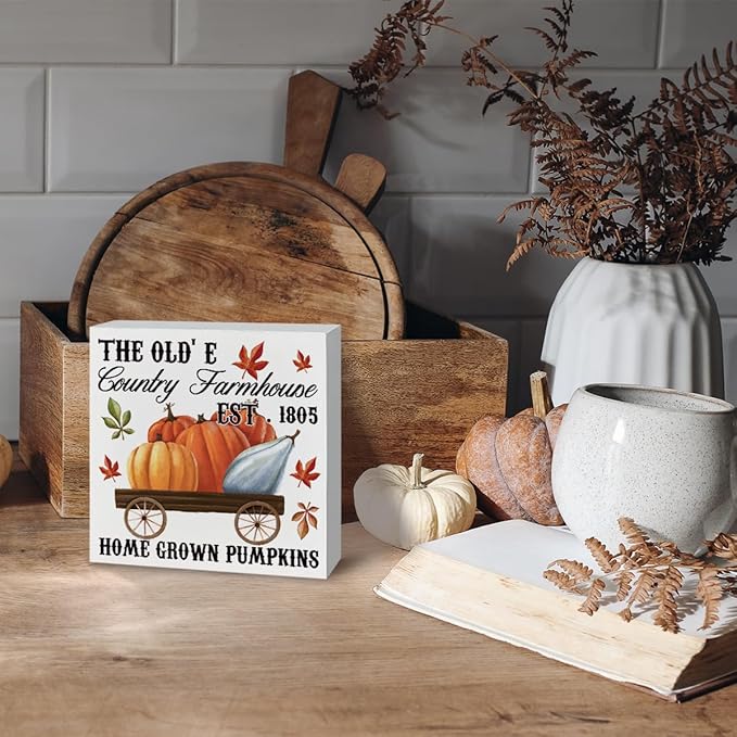 Country Style Fall Decor, Pumpkin Harvest Decors, Autumn Artwork, Farmhouse Home Farm Decors for Table Shelf, Rustic Wooden Box Sign, The Old's Country Farmhouse Wood Signs A4