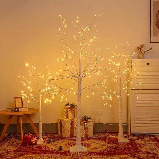 Set of 3 Lighted Birch Tree 4FT 5FT and 6FT, Higher Size, Timer Function Birch Christmas Tree with 144 LED Warm White Lights for Indoor Christmas Decorations Outdoor Yard Garden Home Bedroom Party