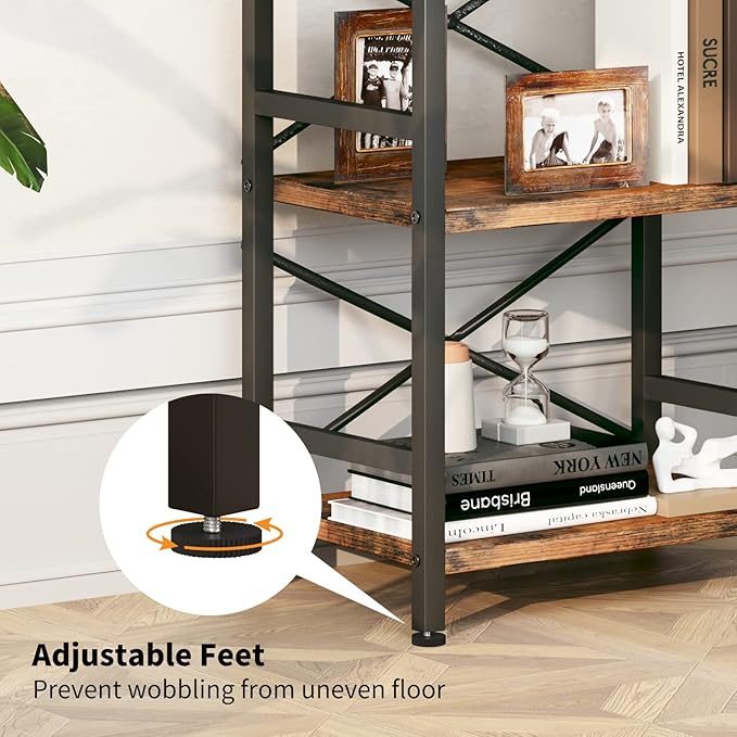Homeiju Bookshelf, 3 Tier Industrial Bookcase, Metal Small Bookcase, Rustic Etagere Book Shelf Storage Organizer for Living Room, Bedroom, and Home Office(Rustic Brown) Patent Pending D29873033