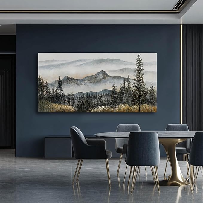 Foggy forest Wall Decor,Framed Canvas Wall Art, Large Artwork Green Mountain Pictures Boho Pine Tree Wall Painting Mountains Landscape Art for Home Living Room Office 29"x58"