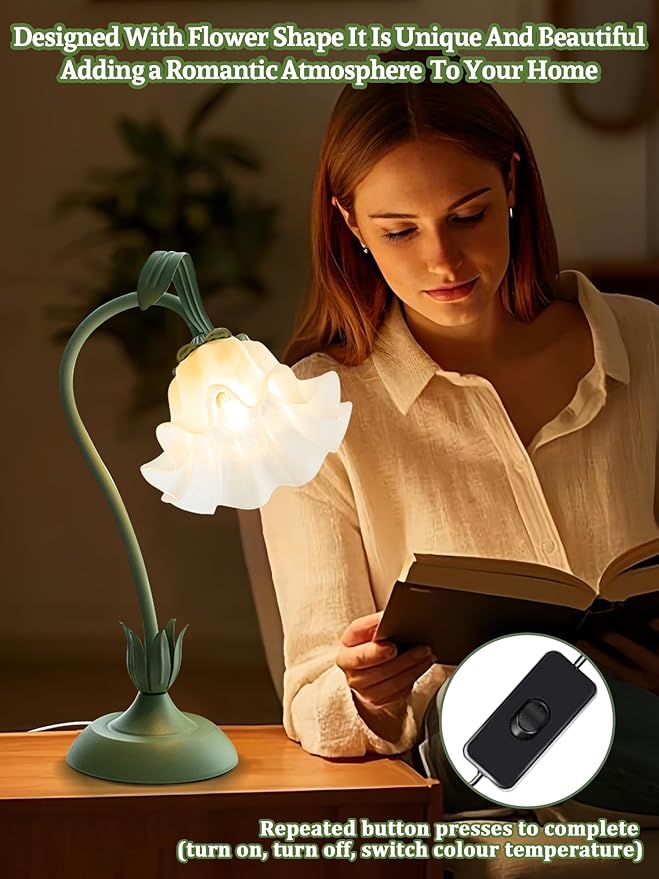 Flower Table Lamp Bedside Lamps LED Reading Light,3 Color Modes Cute Small Lamp,Vintage Flower Lamp Nightstand Lamp Kawaii Table Lamp for Bedroom Living Room Office Dorm Desk Home Decor(Green lamp)