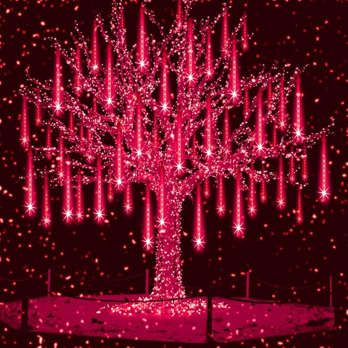 Aukora Red Led Halloween Lights Outdoor, Christmas Lights Outside, 8 Tube Snow Falling Rain Icicle String Light for Xmas Tree Party Thanksgiving Day Garden Camp Wedding Decorations, UL Plug