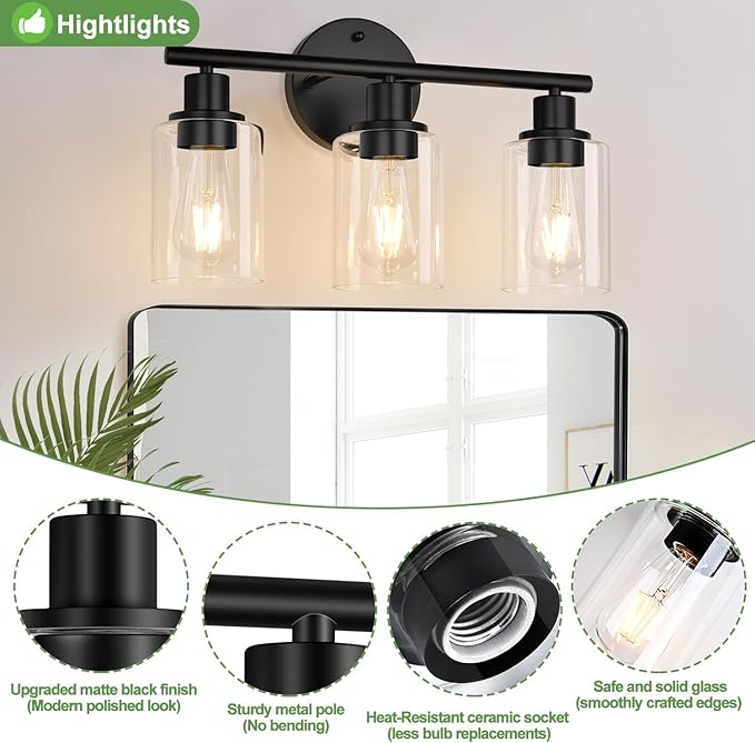 3-Light Bathroom Light Fixtures, 17.23" Black Modern Vanity Lights with Clear Glass Shade, Bathroom Wall Lamp for Mirror Kitchen Living Room Hallway Cabinet Porch