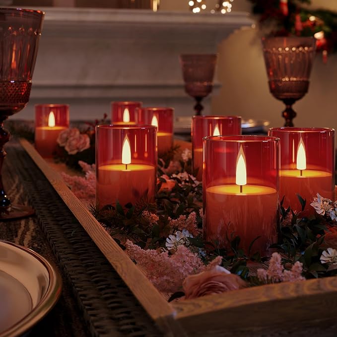 6Pack Flickering Flameless LED Candles with Timer, Battery Powered - Small Pillar & Votive, Red (2"X3")