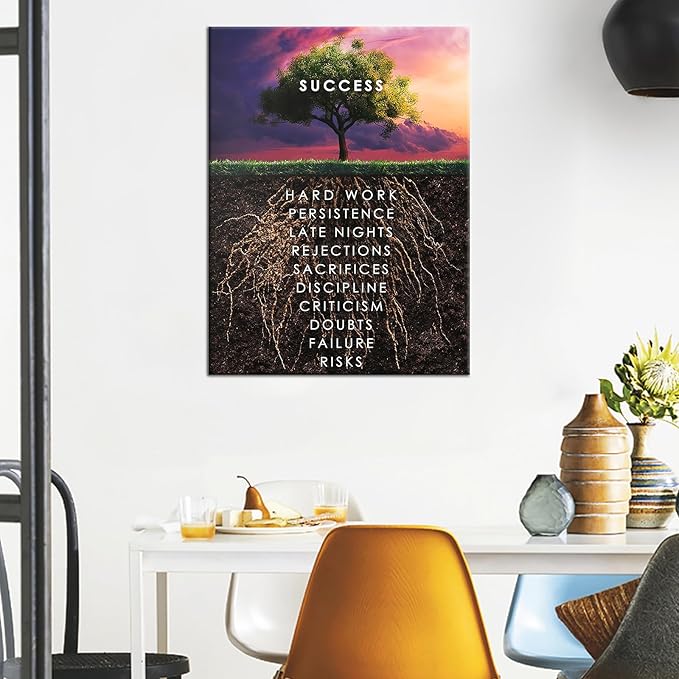 Wall Art Success Tree Hd Printed Pictures Canvas Inspirational Motivation Entrepreneur Quotes Artwork Posters Home Painting Frame For Living Room Gym Decor Ready to Hang [24''W x 18''H]