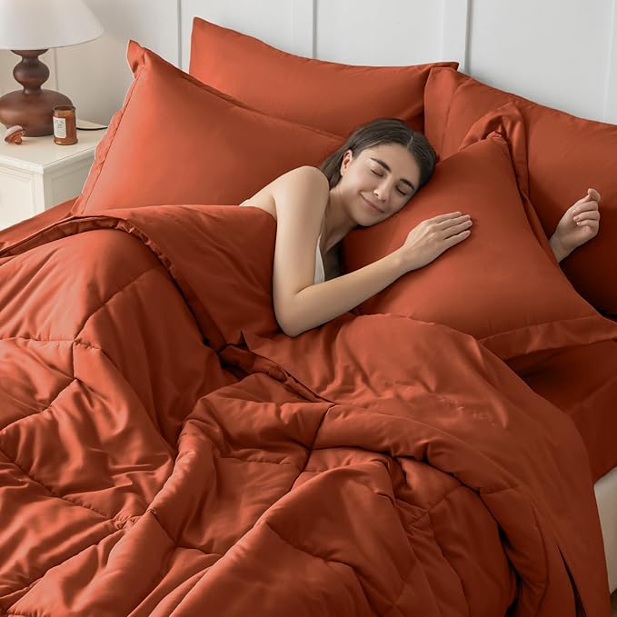 JOLLYVOGUE California King Comforter Set, Ultra-Soft Bed in a Bag Cal King Size 7 Pieces, Oeko-TEX Certified Bedding Set with Down Alternative Comforter, Sheets, Pillowcases & Shams, Burnt Orange