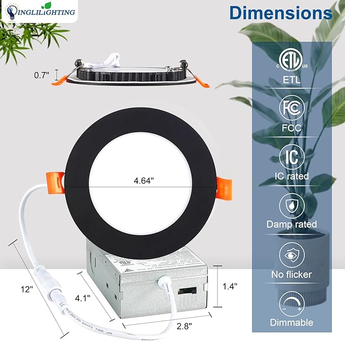 DLLT LED Recessed Ceiling Lights: Black 12 Pack 4 Inch 5CCT Ultra-Thin Lighting with Junction Box for Bedroom - 900LM Brightness 9W Eqv 80W Dimmable Canless Wafer Downlight with ETL&FCC