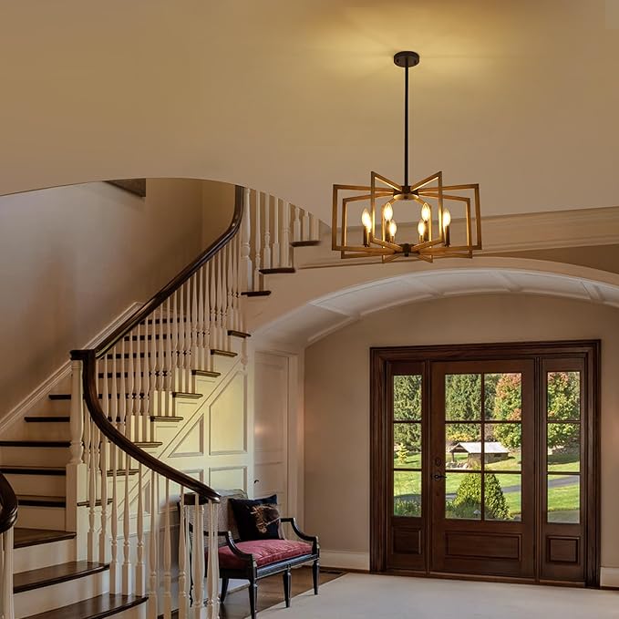 8-Light Modern Farmhouse Chandelier, Vintage Geometric Dining Room Lighting Hanging, Industrial Chandelier for Kitchen Island Entryway Foyer Stairway, Retro Wood Texture and Black Finish