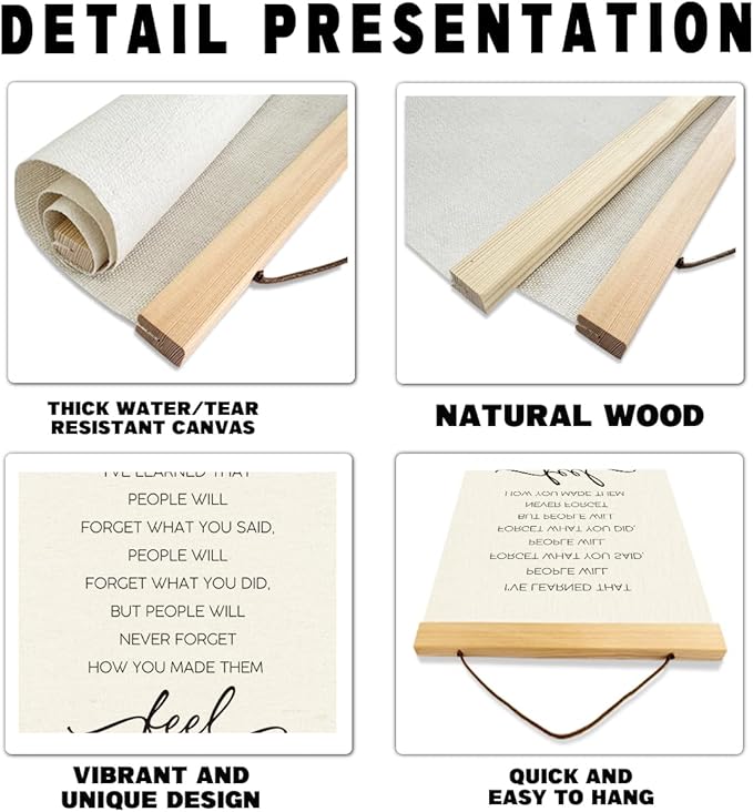 Inspirational Canvas Poster, I've Learned That People Will Never Forget How You Made Them Feel Canvas Posters Wood Hanger, Positive Mindset Poster, Positive Home Decor, Bedroom Wall Art