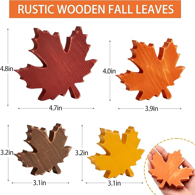 4PCS Fall Wooden Leaves Decor Wood Maple Leaf Sign Thanksgiving Table Decor Gift for Autumn Farmhouse Rustic Centerpieces Tabletop Tiered Tray Shelf Props Vintage Harvest Home Indoor Decorations