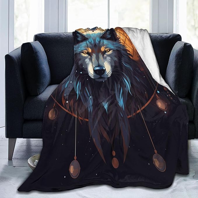 Catroon Wolf Dream Catcher Blanket Gifts Moon Wolves Flannel Throw Blankets for Home Decor Couch Bed Sofa Soft Fuzzy Lightweight for All Season 80x60 Inches