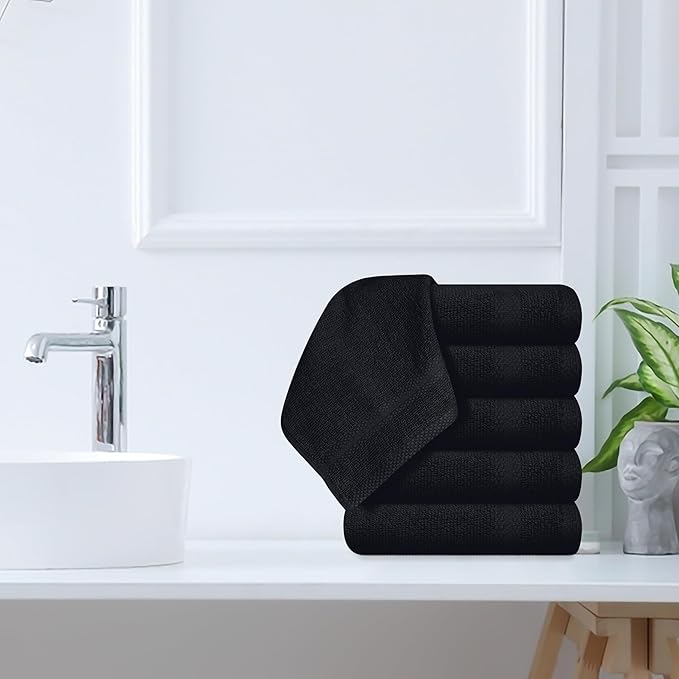 GLAMBURG Ultra Soft 12-Piece Washcloths Set 13x13-100% Ringspun Cotton - Durable & Highly Absorbent Face Towels - Ideal for use in Bathroom, Kitchen, Gym, Spa & General Cleaning - Black