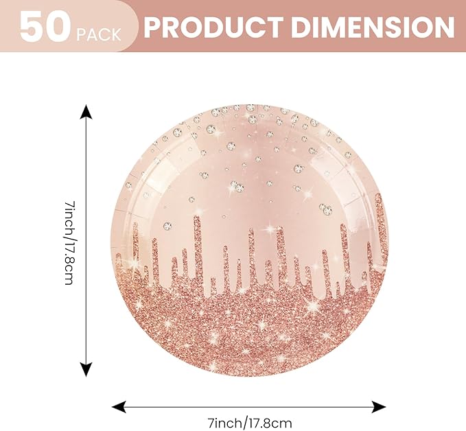50PCS Rose Glitter Paper Plates - 7inch Pink Gold Diamond Birthday Dessert Plate for Cake Salad Pizza Disposable plates Supplies for Girls Women Mermaid Anniversary Birthday Wedding Theme Party