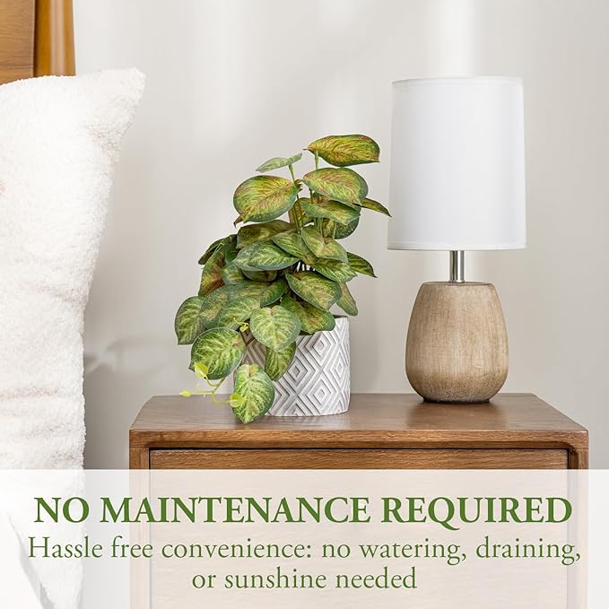 MyGift Artificial Aglaonema Evergreen Leafy Plant, Green and Red Faux Leaves Potted in Gray Concrete Pot with White Diamond Pattern, Indoor Home Table Decor