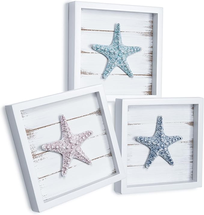 TideAndTales 3D Starfish Wall Art (Framed Set of 3) Coastal Theme Wall Hanging Decoration for Bathroom or Tropical Bedroom, Ocean Inspired Seashell Decor for Home or Beach House (7"x 7")