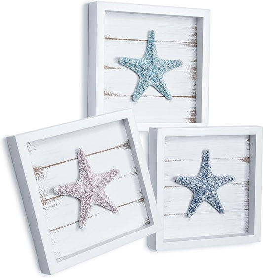 TideAndTales 3D Starfish Wall Art (Framed Set of 3) Coastal Theme Wall Hanging Decoration for Bathroom or Tropical Bedroom, Ocean Inspired Seashell Decor for Home or Beach House (7"x 7")