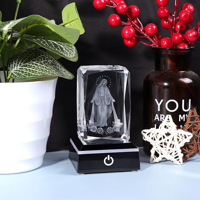 Movdyka 3D Crystal Virgin Mary Statue Religious Gifts for Women Men Christian Laser Engrave Religious Figurine Christmas Ornaments Decor with Colorful LED Base Catholic Gifts Women Friends Faith