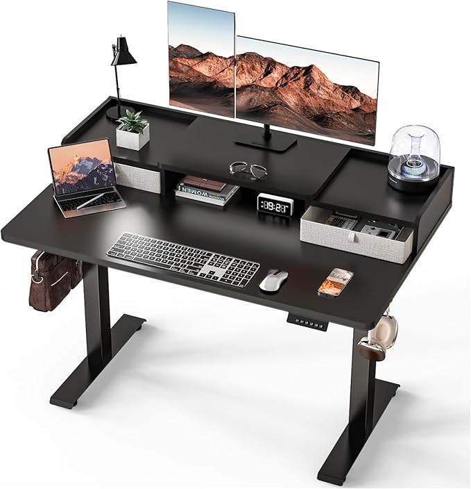 Kingant 48 x 30 Inch Standing Desk with Drawers, Adjustable Height Electric Sit Stand Desk with Storage Shelf, Rising Stand Up Computer Desk for Home Office Workstation, 3 Preset Heights