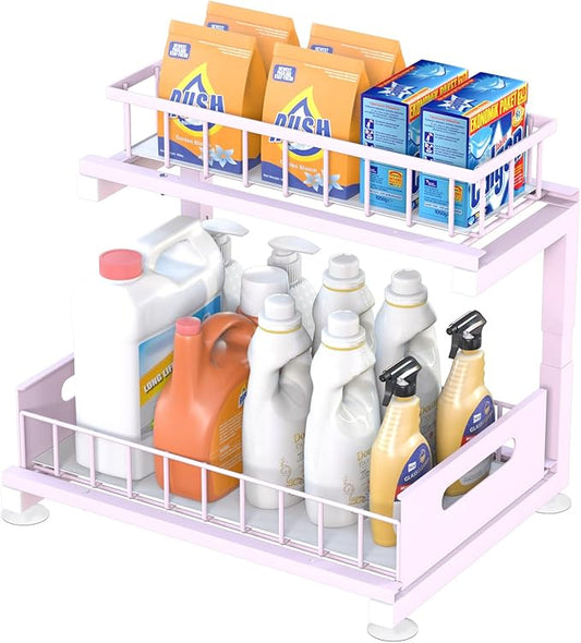 Under Sink Organizer Storage: Adjustable Height, 2 Tier L-Shaped Pull-Out Metal Shelf with Non-Slip Pads & Rust-Resistant Design Maximize Kitchen & Bathroom Cabinet Space