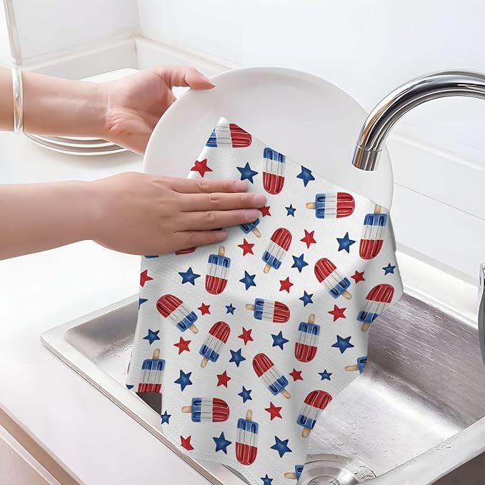 4th of July Kitchen Towels 16x24 Inch Red Navy Blue Stars Patriotic Decor Dish Towels American Independence Day Decoration Hand Towels Absorbent Dish Cloths for Home Kitchen Dining Set of 2