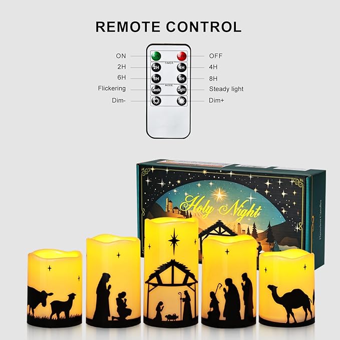 Christmas Decorations Indoor Outdoor, Nativity Scene Candle Set with Remote Time, Religious Holiday Home Table Mantel Room Decor Centerpieces, Xmas Gift, Battery Operated Flameless Candles, Waterproof
