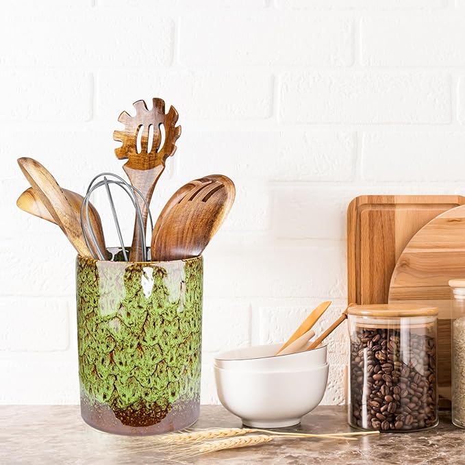 Utensil Holder, Ceramic Kitchen Utensil Holder for Countertop, Large Cooking Utensil Crocks for Kitchen Counter, Morden Utensil Organizer for Spatula, kitchen Decor,Green