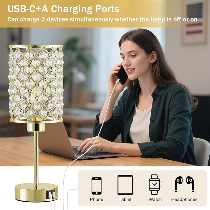 Crystal Table Lamps Set of 2, Gold Touch Lamp for Nightstand with USB C+A Ports, 3 Way Dimmable Small Bedside Lamp with Crystal Shade, End Table Desk Lamps for Bedroom, Living Room(Buld Included)