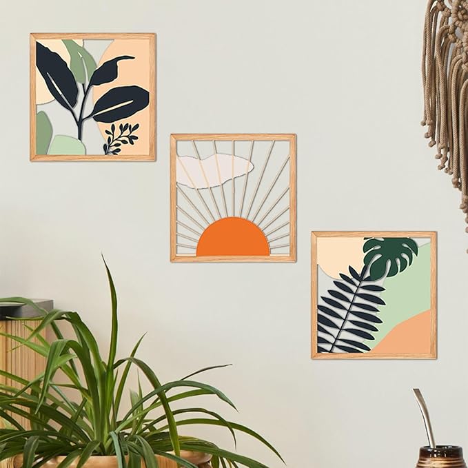 ESTART 3 Pcs Boho Wooden Wall Art Decor Bohemian Wall Hanging Sculpture Farmhouse Geometric Aesthetic Artwork, Mid Century Modern Design for Bedroom Living Room Office, 39 x 11.8 inch