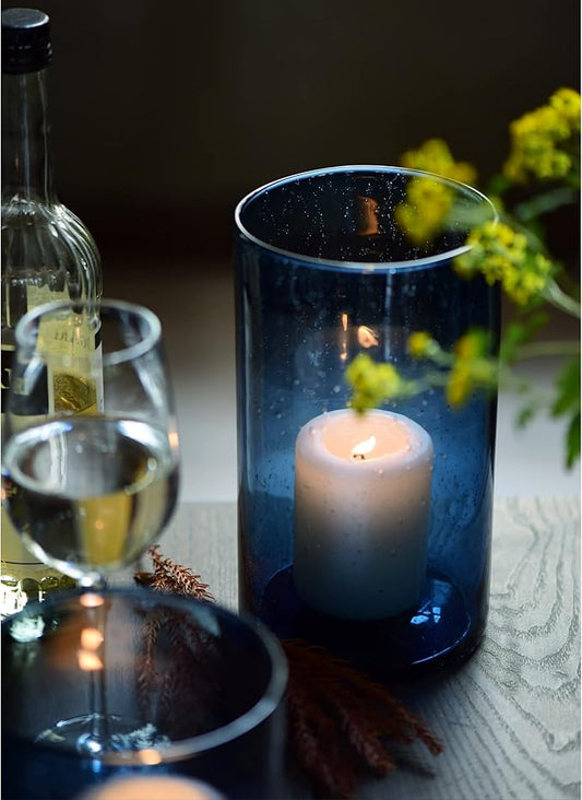 ARIAMOTION Glass Hurricane Candle Holder for Pillar Blue Cylinder Vase Flower Centerpiece Seeded Bubbles Modern Table Decoration for Kitchen Living Room 8 Inch 5 inch Diam