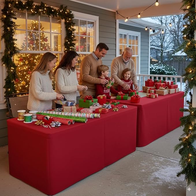 HolidayIdeas 4 Pack Red Fitted Tablecloth for 8ft Tables, 4-Sided Christmas Table Cover for Holiday Markets, Yard Parties, & Gift Tables, Wrinkle-Resistant Washable Xmas Decorations