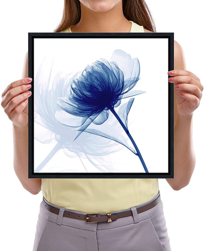 Pyradecor Black Framed Canvas Wall Art Blue Flickering Flower Modern Grace Floral Pictures Paintings on Canvas Prints One Panel Artwork for Bedroom Office Home Decorations