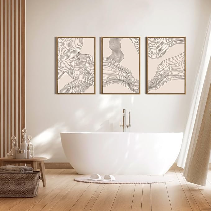 Neutral Abstract Wall Art Framed Modern Beige Wave Wall Decor for Bathroom Living Room Bedroom 16x24 Inch Set of 3