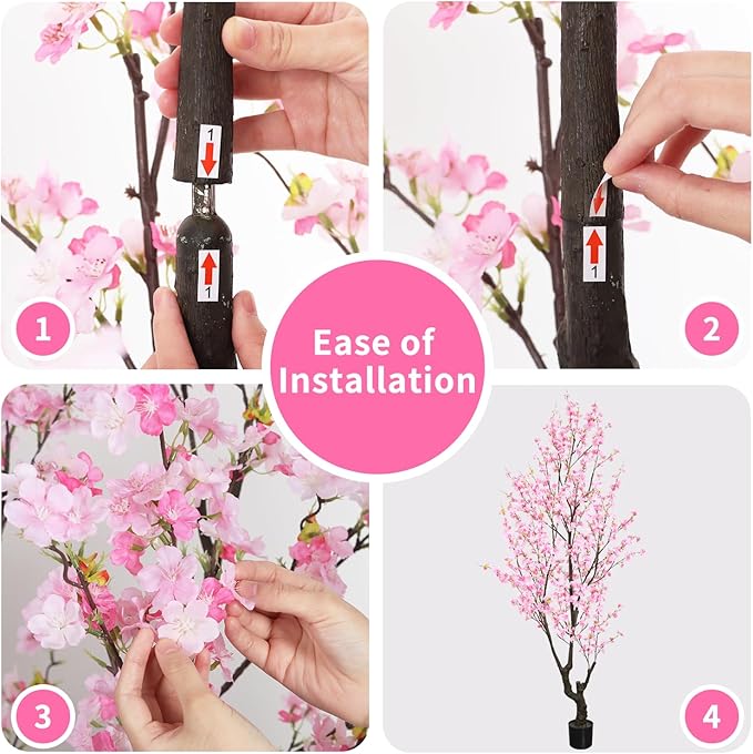 Faux Pink Cherry Blossom Tree 8ft(96in) Tall Artificial Plant Indoor Decor Handmade Natural Sakura Tree for Wedding Realistic Cherry Plant in Pot for Home Living Room,Office,Outdoor Decor.