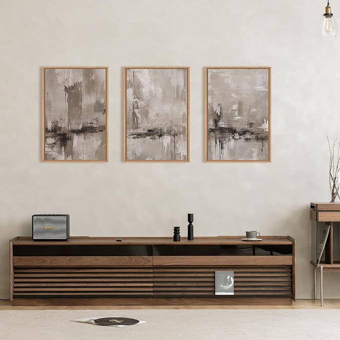 KAIRNE 3 Piece Abstract Neutral Gray & Beige Pastel Framed Canvas Wall Art Set - Minimalist Shapes, Modern Brush Stroke Design - Perfect for Living Room, Bedroom, Office Decor - 16"x24"