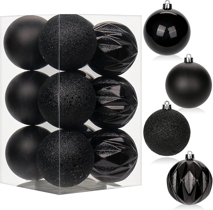 12PCS 3.15" Christmas Ball Ornaments Shatterproof Black Christmas Tree Decorations Xmas Tree Balls Halloween Ornaments Décor