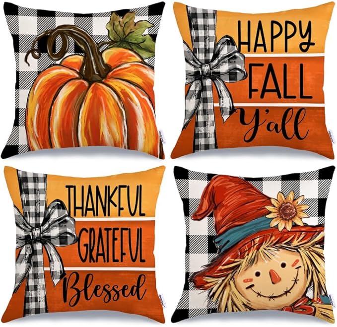 GEEORY Fall Throw Pillow Covers 18x18 Inch Set of 4, Buffalo Plaid Pumpkin Scarecrow Orange Cushion Case for Sofa & Bed Autumn Thanksgiving Decor Farmhouse Home Decoration