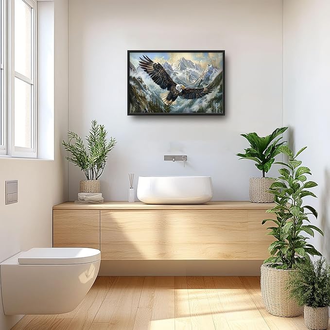 Flintis Large Bald Eagle Wall Art Eagle Mountains Pictures Wall Decor Abstract Animal Canvas Painting Print Artwork Decoration Framed for Living Room Bathroom Master Bedroom Office 36L x 24W