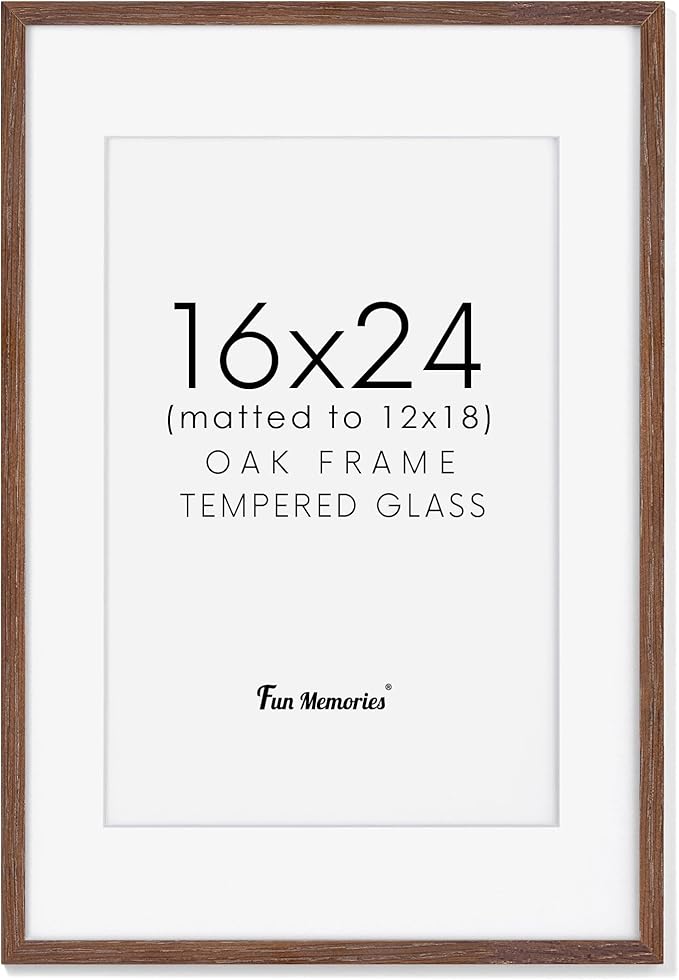 16x24 Picture Frame for Wall, Rustic Wood 16 by 24 Poster Frames, Oak Wood Picture Frame 16 x 24 with Real Glass, 12x18 Frame Matted to 16x24, Minimalist 16 x 24 Wood Frames, Walnut Color, 1 Pack