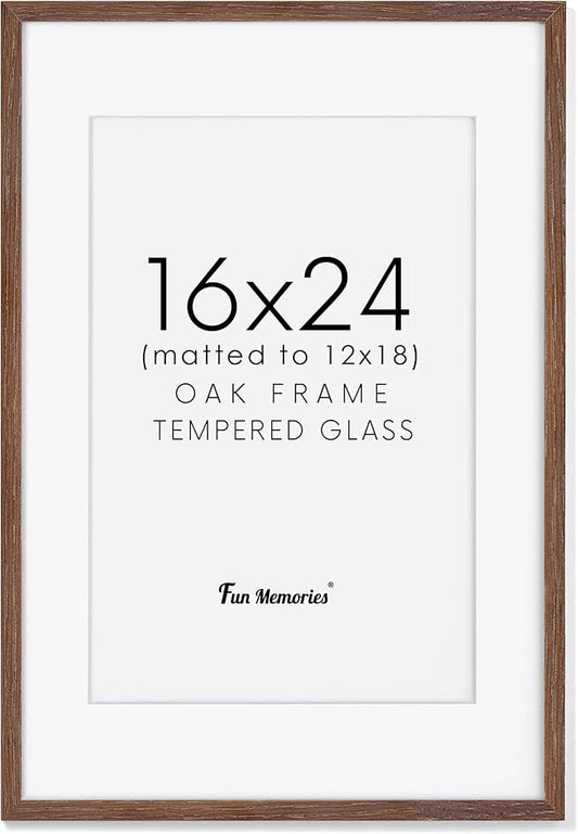 16x24 Picture Frame for Wall, Rustic Wood 16 by 24 Poster Frames, Oak Wood Picture Frame 16 x 24 with Real Glass, 12x18 Frame Matted to 16x24, Minimalist 16 x 24 Wood Frames, Walnut Color, 1 Pack