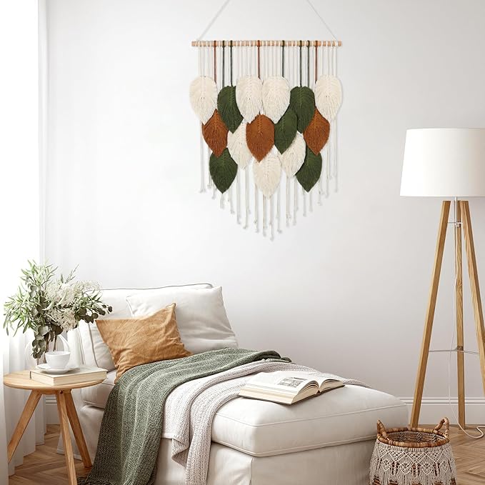 KHOYIME Macrame Wall Hanging Boho Woven Tapestry, Chic Home Decor Modern Bohemian Handmade Leaf Feather Wall Art Decorations for Apartment Dorm Living Room Bedroom Nursery Backdrop 23.6" W X 29.5" L