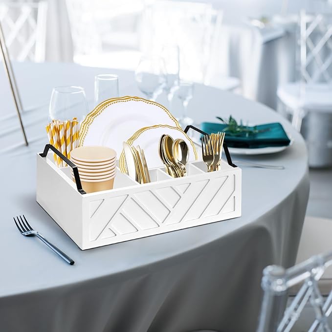 Paper Plate Dispenser and Holder for Kitchen Counter, Wood Rustic Silverware Utensil Caddy, Cutlery Flatware Organizer Box for Cups Spoons Forks Napkins, Kitchen Accessories (White)