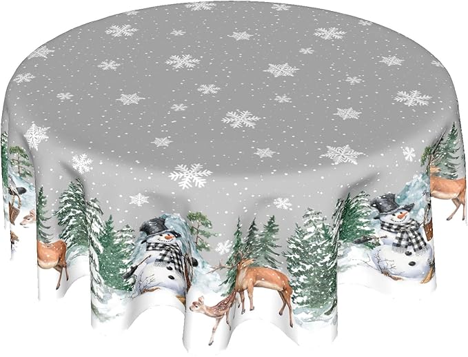 Winter Snowflake Round Tablecloth 60 Inch Winter Deer Pinetree Decoration Table Cloth Winter Woodland Decorative Table Cloth Holiday Tablecloths Christmas Snowman Table Cover for Home Kitchen Dinner