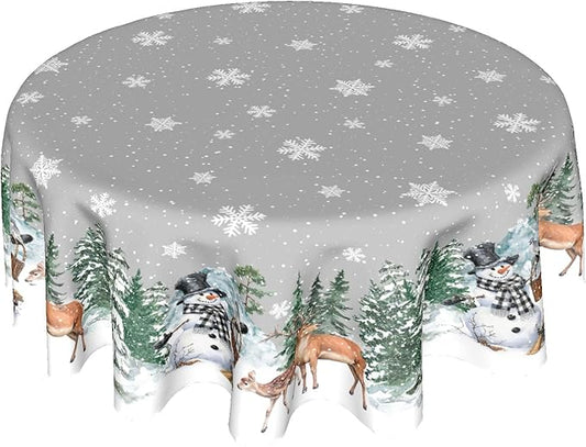Winter Snowflake Round Tablecloth 60 Inch Winter Deer Pinetree Decoration Table Cloth Winter Woodland Decorative Table Cloth Holiday Tablecloths Christmas Snowman Table Cover for Home Kitchen Dinner