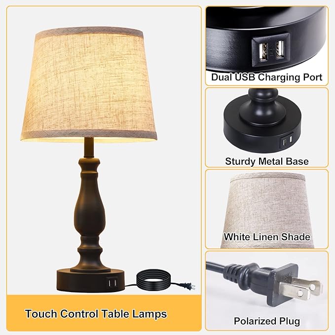 Table Lamps Set of 2, Bedside Nightstand Lamps with USB Charging Ports, 3 Way Dimmable Touch with Linen Fabric Lampshade, Modern Small Lamp for Bedrooms, Living Room (Bulbs Included)