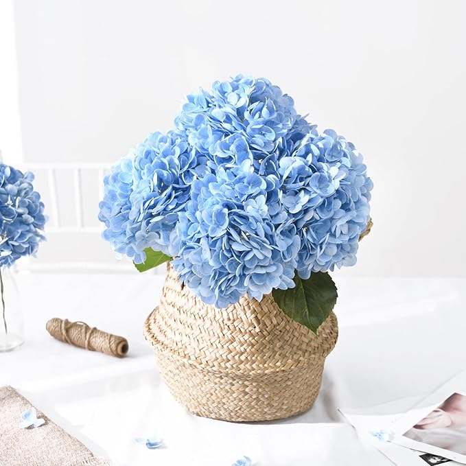 Artflower 8Pcs Real Touch Hydrangea Artificial Flowers, 22.5'' Blue Full Latex Faux Hydrangea Flowers for Home Floral Arrangements Wedding Bouquets Kitchen Table Centerpiece Decorations