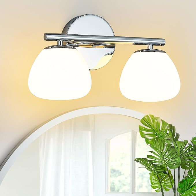 Modern 2 Light Bathroom Vanity Light Chrome Vanity Light Bathroom Light Fixtures Over Mirror with Milk Glass Shade Bathroom Wall Sconce