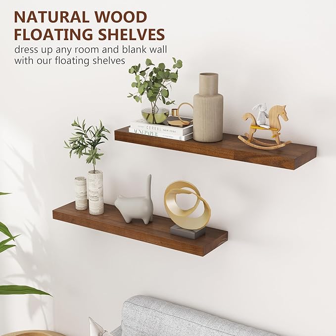 fuqing 30 Inch Floating Shelves for Wall, Rustic Wood Floating Shelves for Wall Set of 2, 30'' Long Wooden Wall Shelves for Living Room Bedroom Bathroom Home Office - Walnut